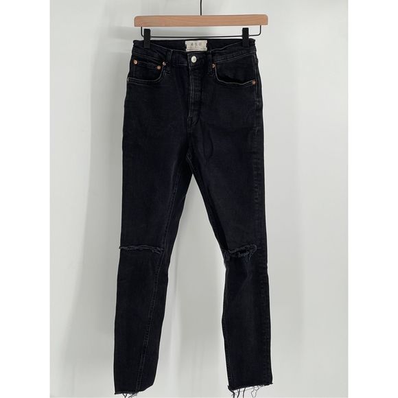 Free People Jeans Skinny Women Size 27 Black Raw Hem Distressed High Rise - Picture 1 of 13